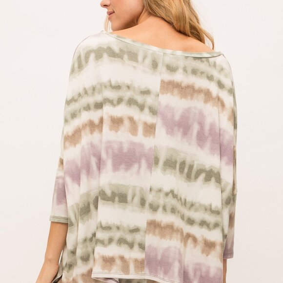 MYSTREE Olive & Lavender Tie Dye Oversized Top, Soft Lightweight Knit Batwing - Picture 4 of 7